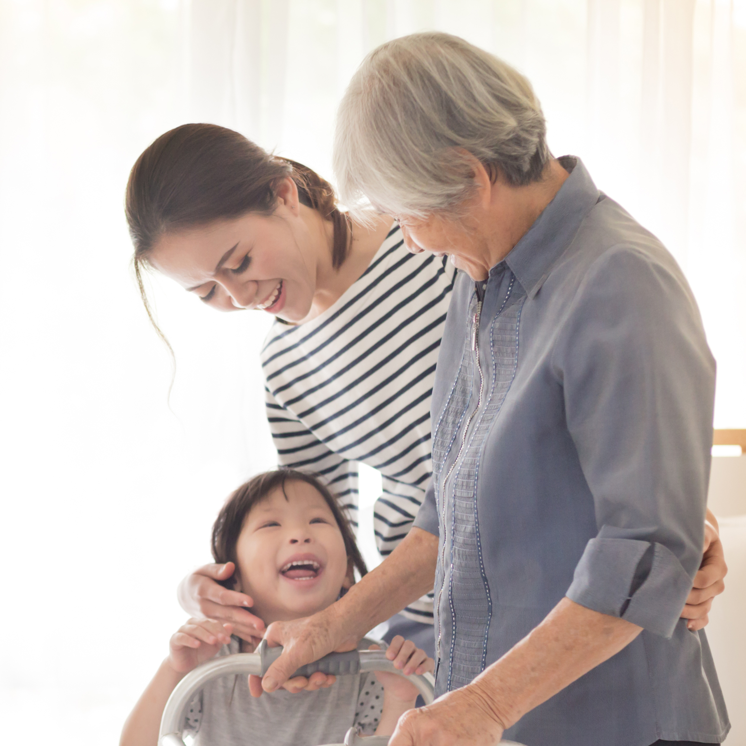 stroke patient use walker, Asian old female train use walker with family, walk training